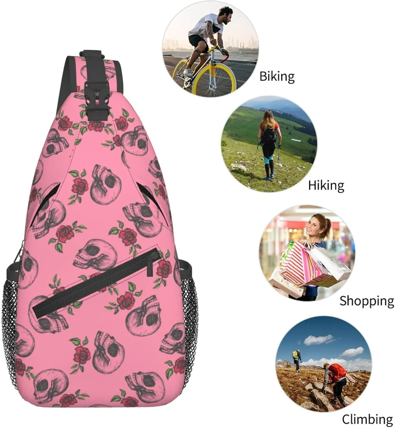 Skull Rose Flower Sling Backpack Crossbody Bag, Chest Bag Daypack for Outdoors Hiking Traveling