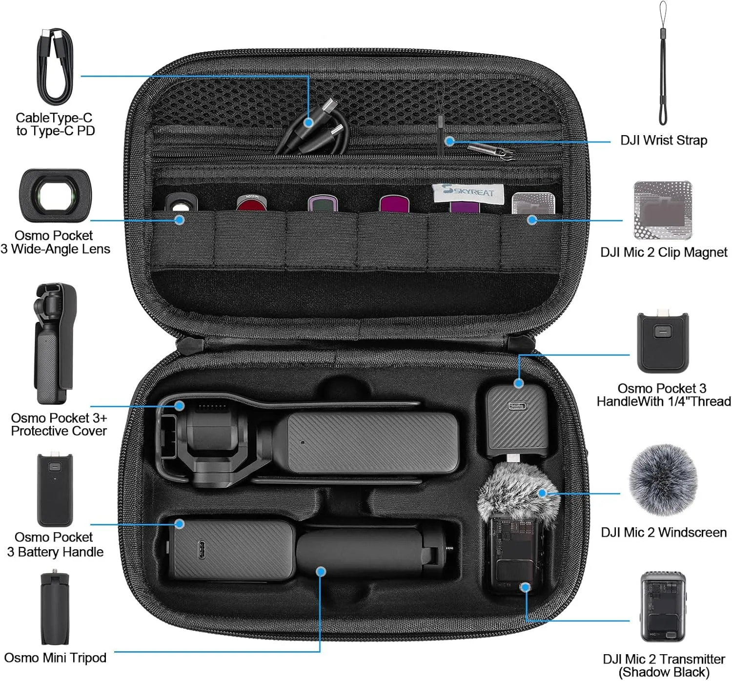 Skyreat Osmo Pocket 3 Case, Portable PU Storage Protective Bag for DJI Osmo Pocket 3 Creator Combo Accessories (Black)