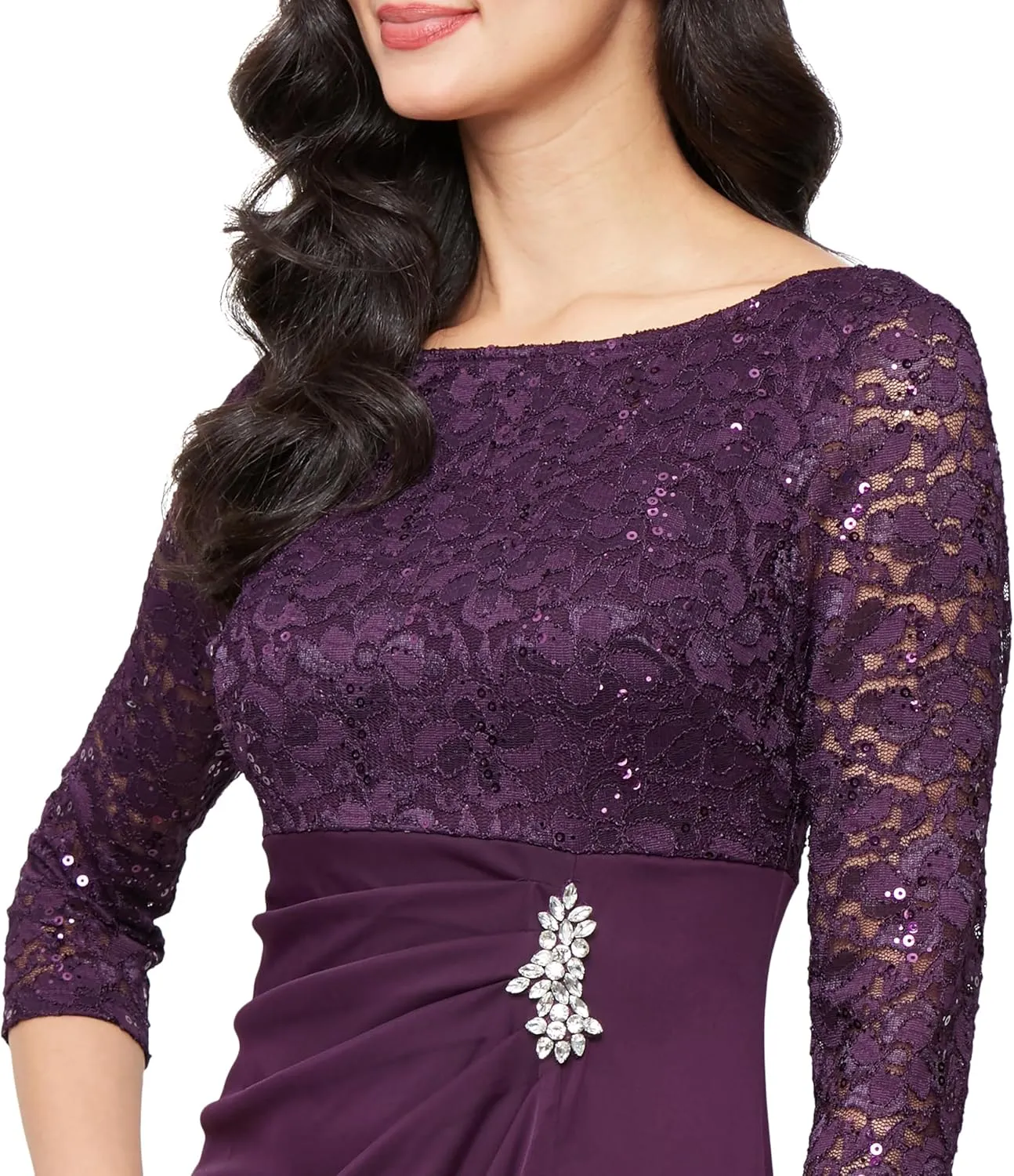 S.L. Fashions Women's Long Mother of The Bride Dress with Stretch Lace Bodice & Hip Embellishment (Petite and Regular Sizes)