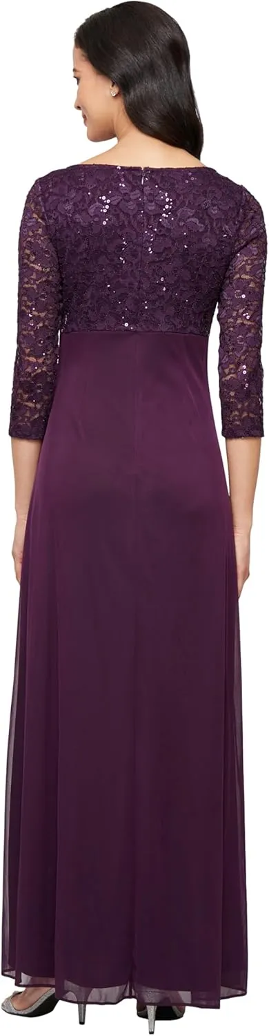 S.L. Fashions Women's Long Mother of The Bride Dress with Stretch Lace Bodice & Hip Embellishment (Petite and Regular Sizes)