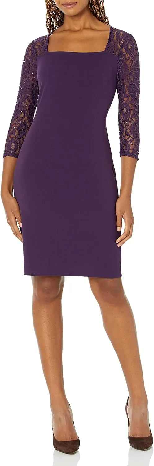 S.L. Fashions Women's Long Sleeve Sheath Night Out Dress Lace and Embellishment