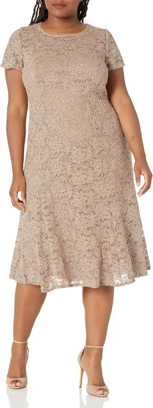 S.L. Fashions Women's Plus Size Lace and Sequin Fit and Flare Dress