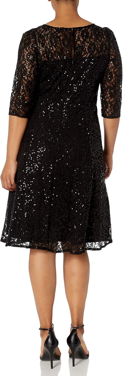 S.L. Fashions Women's Plus Size Lace and Sequin Fit and Flare Dress