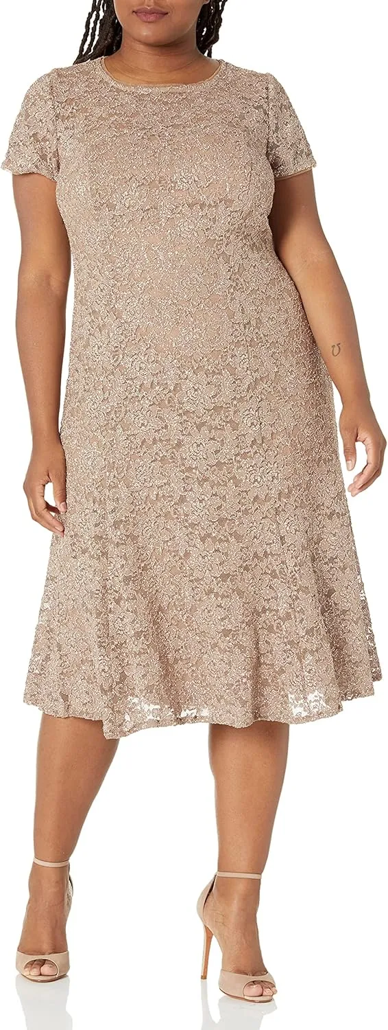 S.L. Fashions Women's Plus Size Lace and Sequin Fit and Flare Dress