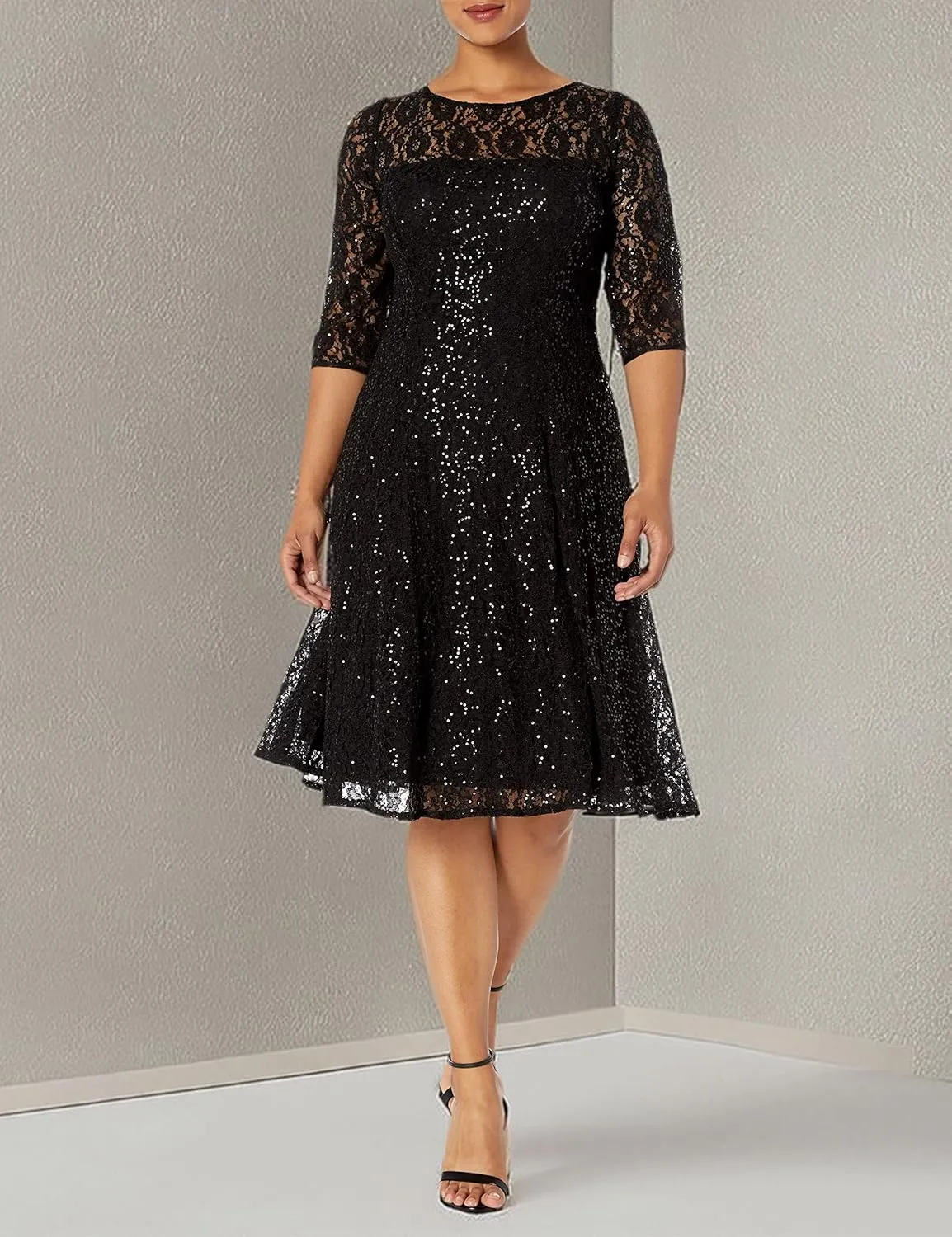 S.L. Fashions Women's Plus Size Lace and Sequin Fit and Flare Dress