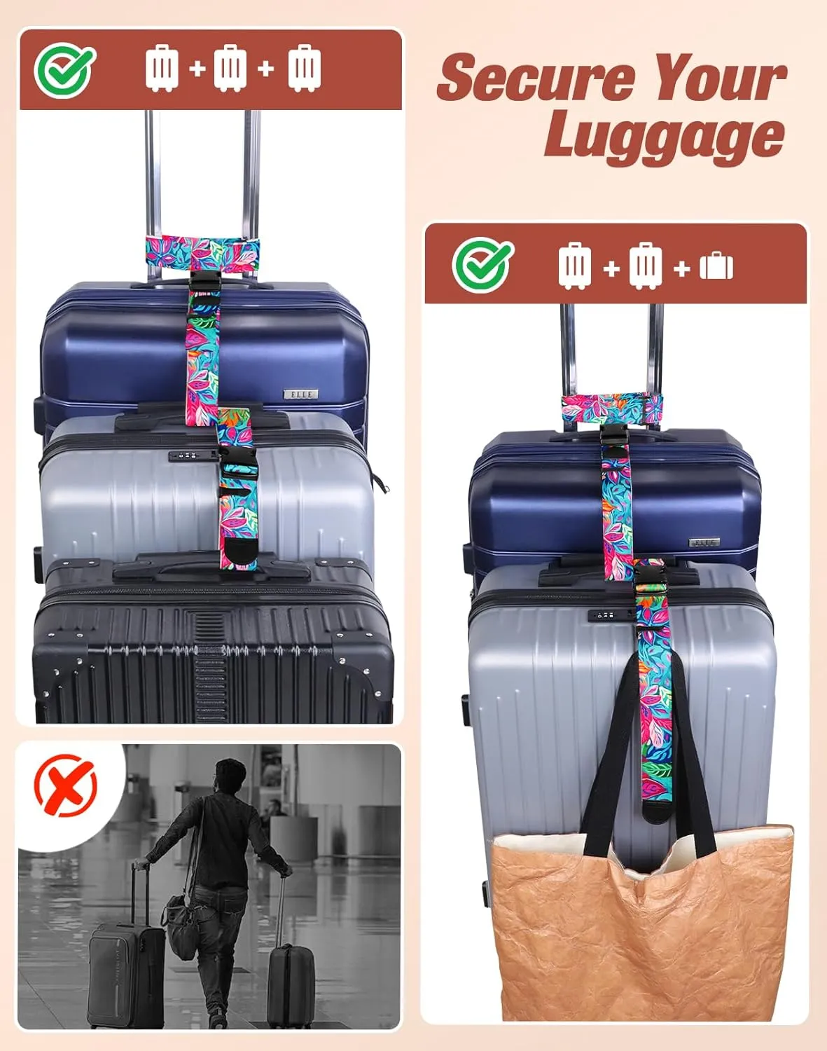 Slohif Luggage Straps to Connect Two Suitcases - Adjustable Add A Bag Suitcase Connector Strap Belt Accessories to Hold Suitcases Together for Travel Leaf