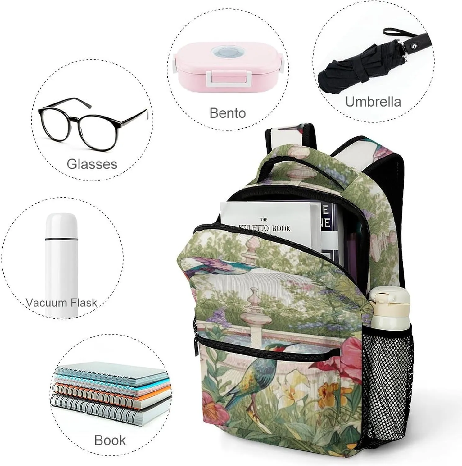Small Backpacks Personalized Garden with Birds And Flowers Printing Travel Bag Lightweight Travel Backpack For Women Men