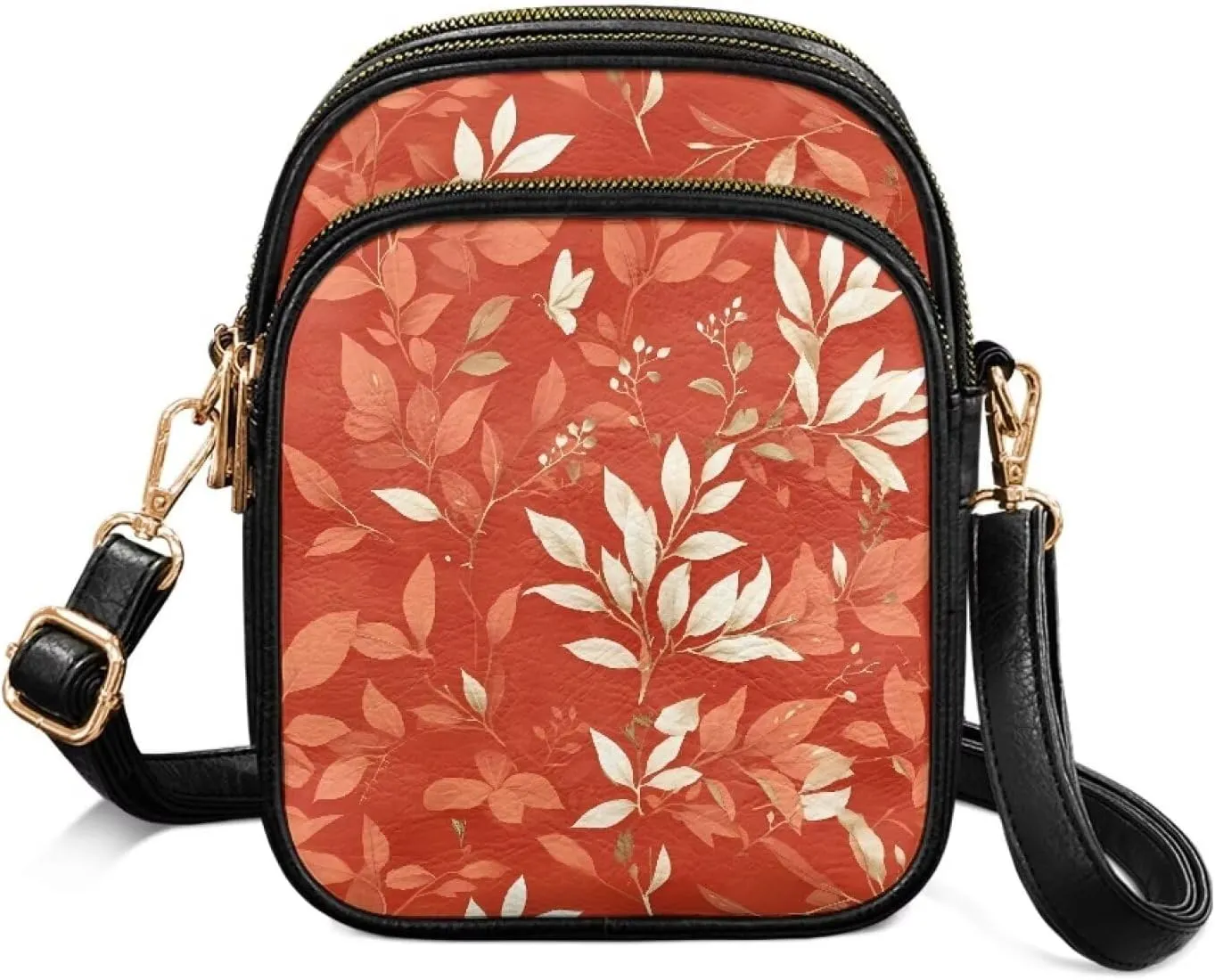 Small Crossbody Phone Purse Leather Wallet, Cat Floral PU Leather Crossbody Purse Bird Flowers Travel Shoulder Bag