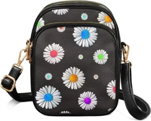 Small Crossbody Phone Purse Leather Wallet, Cat Floral PU Leather Crossbody Purse Bird Flowers Travel Shoulder Bag