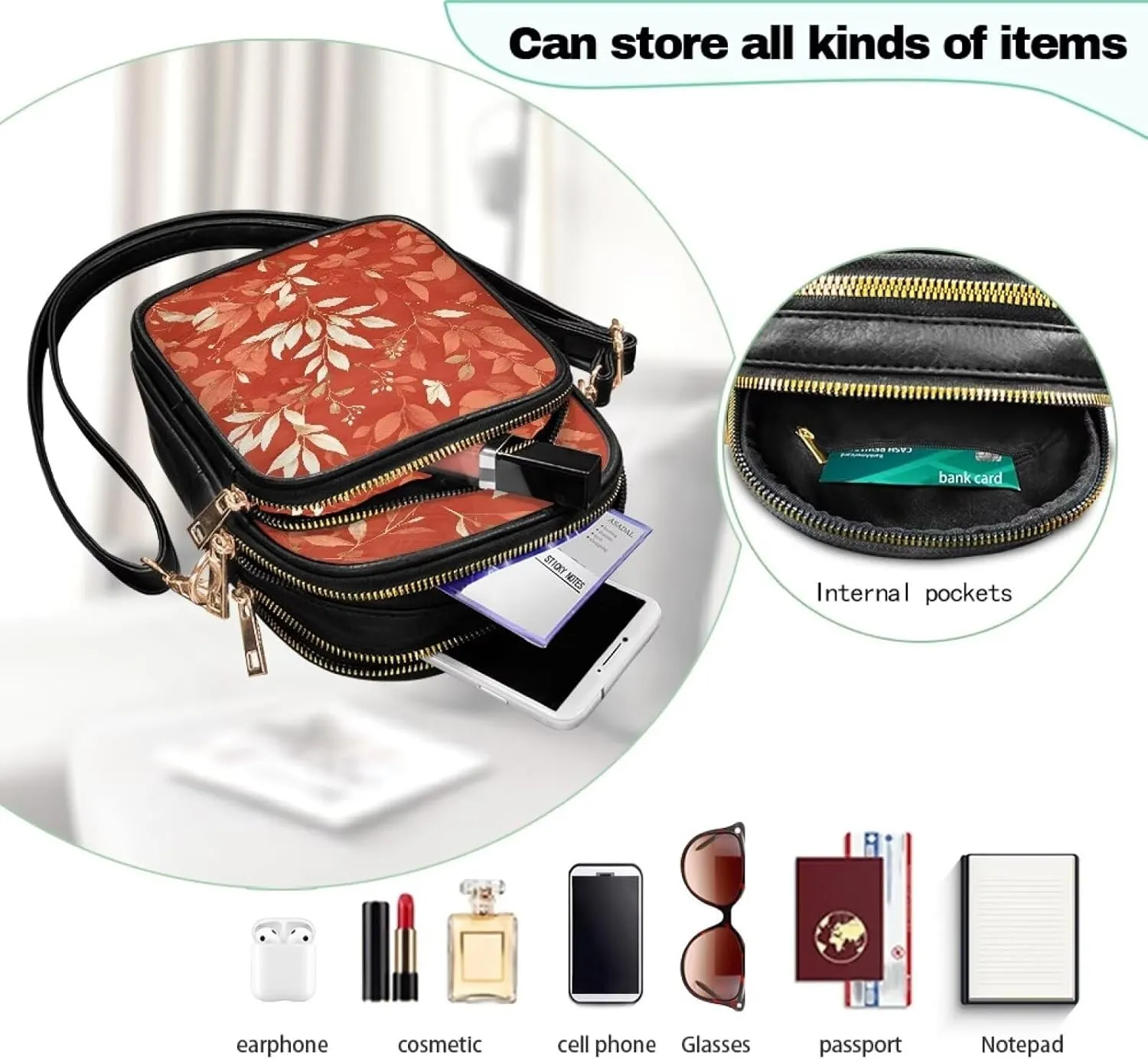 Small Crossbody Phone Purse Leather Wallet, Cat Floral PU Leather Crossbody Purse Bird Flowers Travel Shoulder Bag