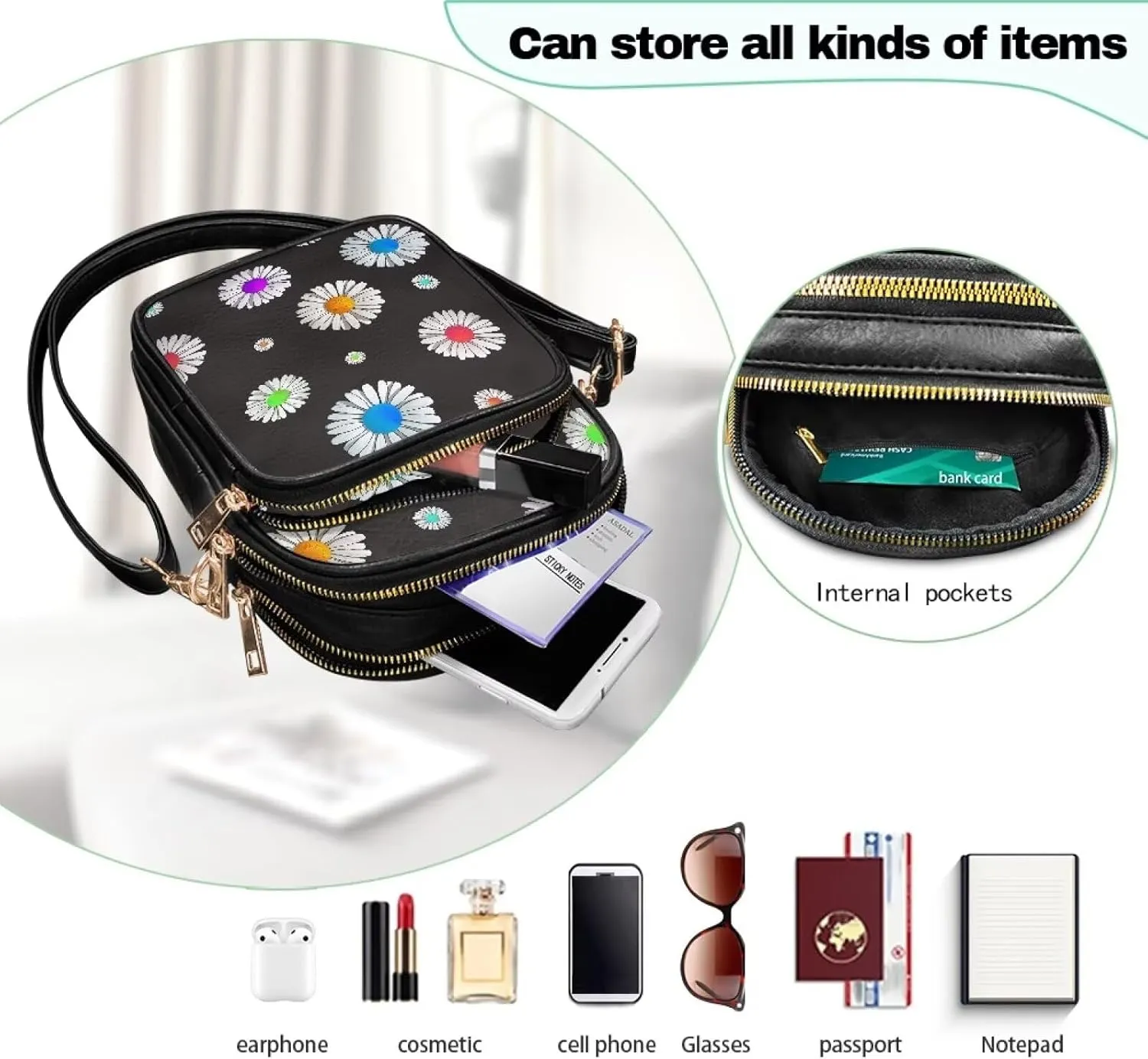Small Crossbody Phone Purse Leather Wallet, Cat Floral PU Leather Crossbody Purse Bird Flowers Travel Shoulder Bag