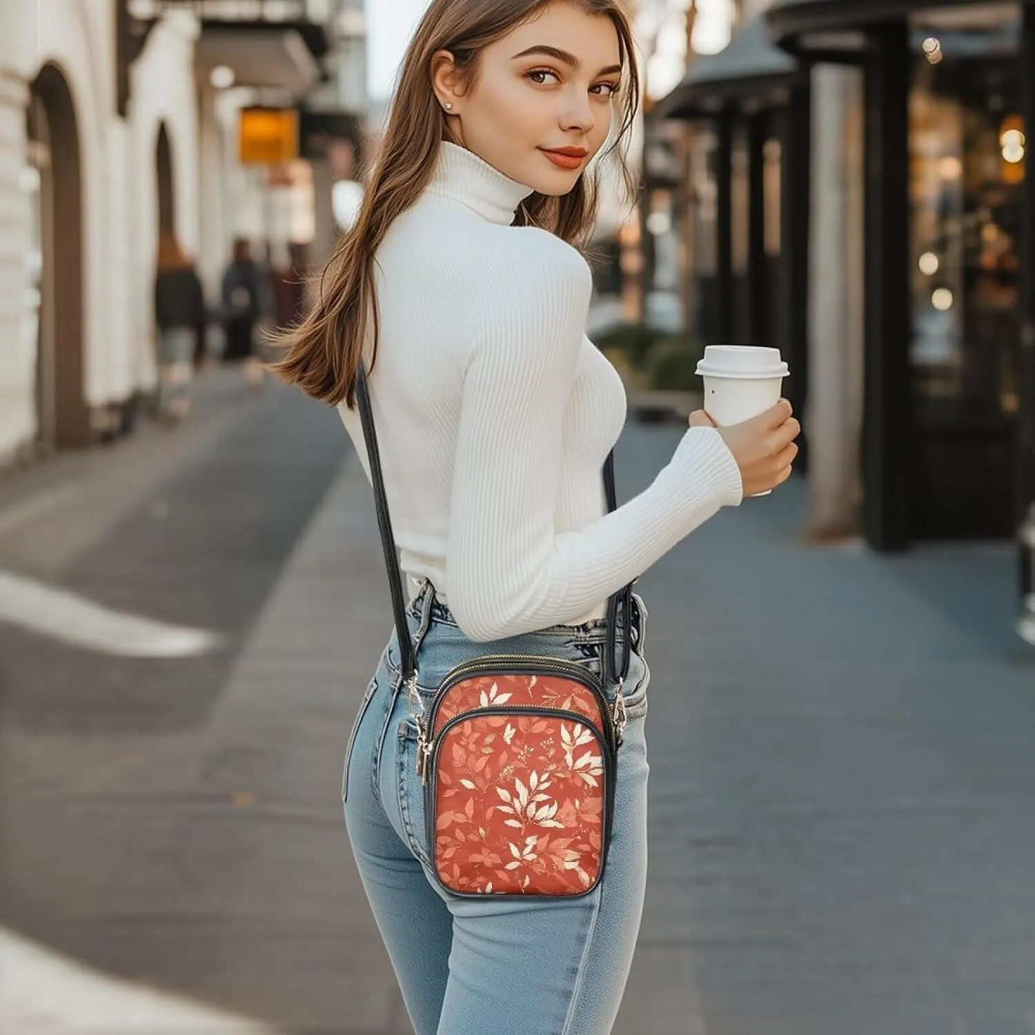 Small Crossbody Phone Purse Leather Wallet, Cat Floral PU Leather Crossbody Purse Bird Flowers Travel Shoulder Bag