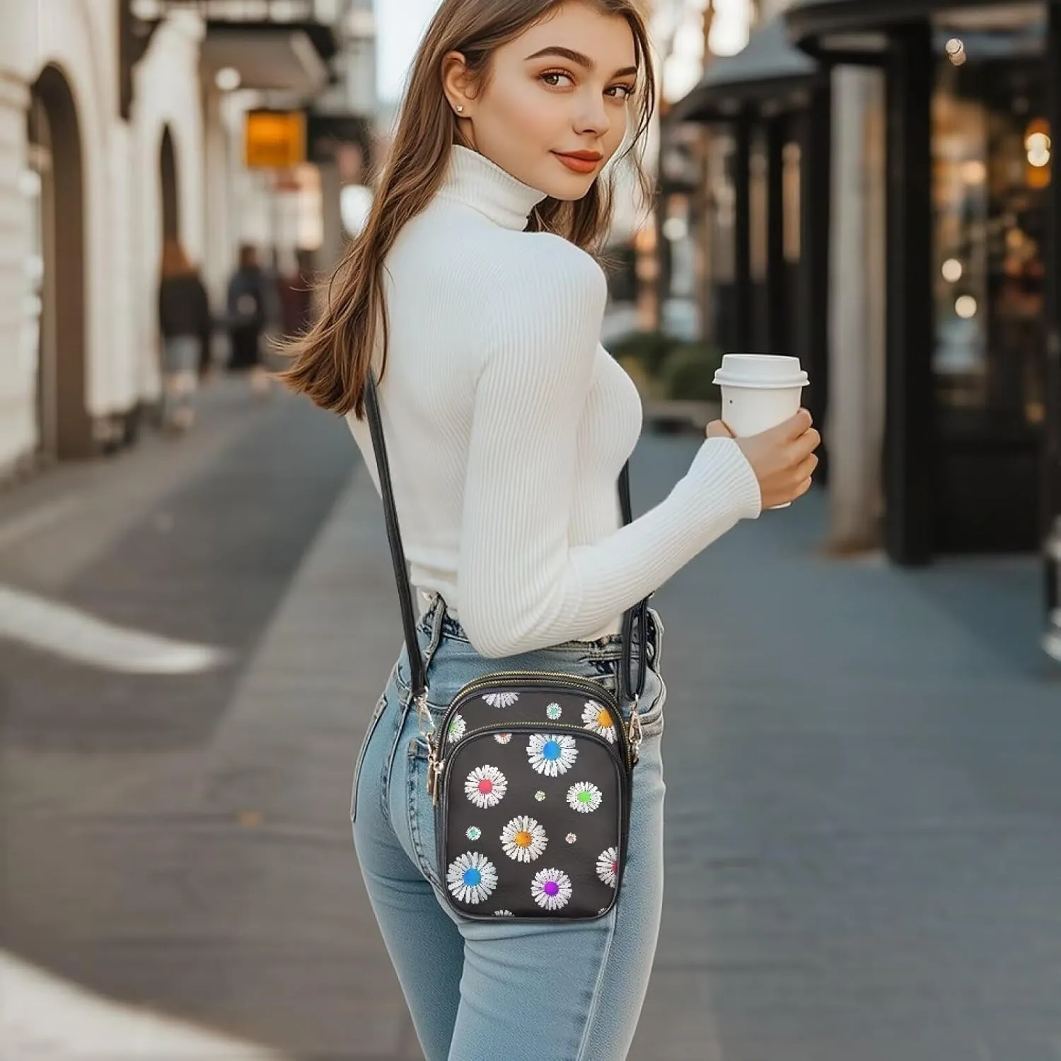 Small Crossbody Phone Purse Leather Wallet, Cat Floral PU Leather Crossbody Purse Bird Flowers Travel Shoulder Bag