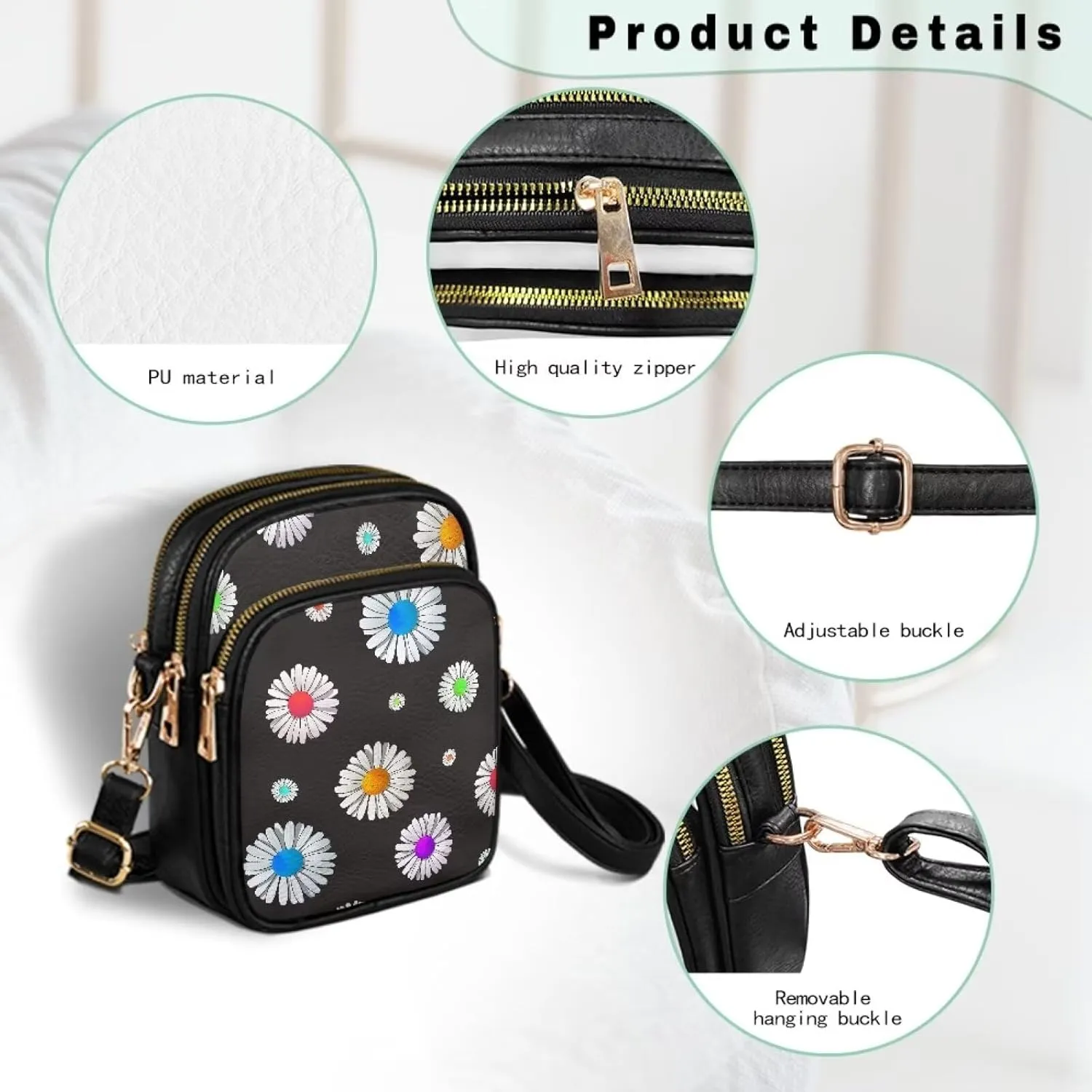 Small Crossbody Phone Purse Leather Wallet, Cat Floral PU Leather Crossbody Purse Bird Flowers Travel Shoulder Bag