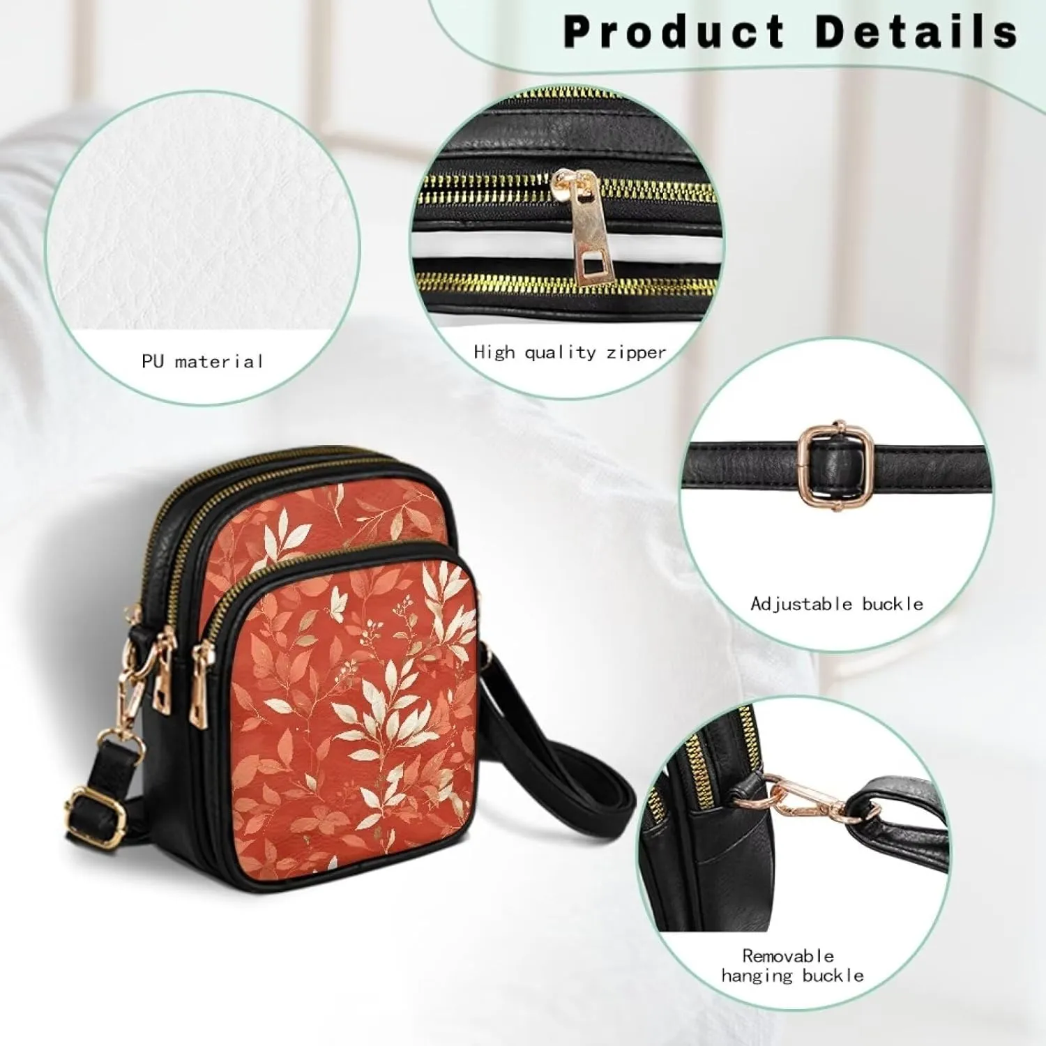 Small Crossbody Phone Purse Leather Wallet, Cat Floral PU Leather Crossbody Purse Bird Flowers Travel Shoulder Bag