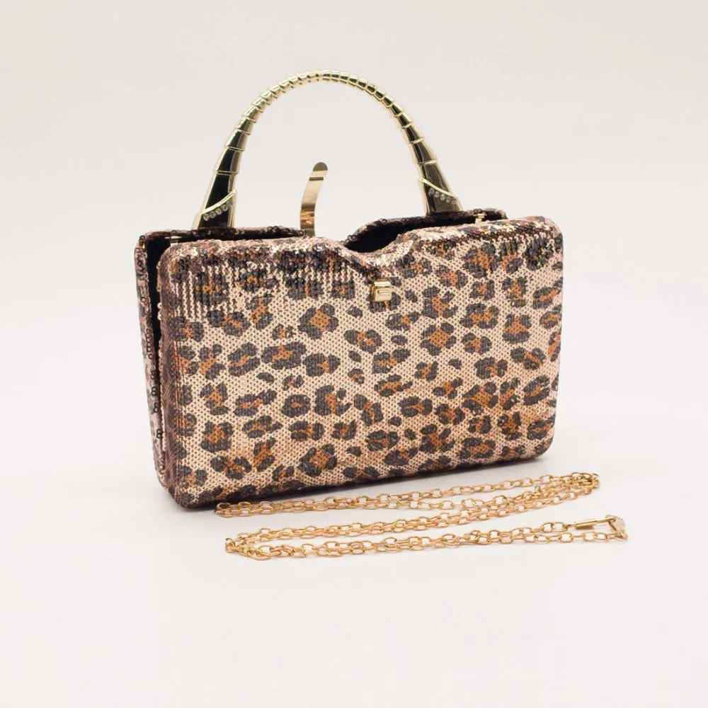 Small  Handbag in Shimmering Animal Print with Gold effect handle and detachable chain