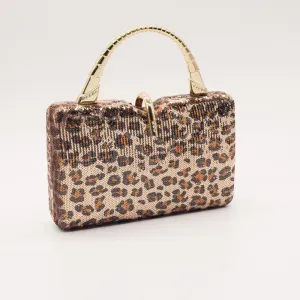 Small  Handbag in Shimmering Animal Print with Gold effect handle and detachable chain