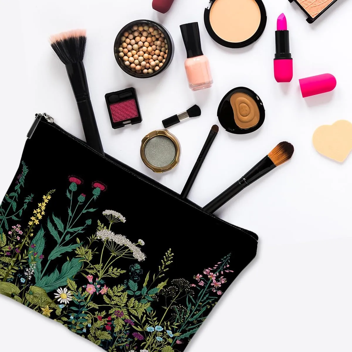 Small Makeup Bag for Purse Cute Canvas Waterproof Cosmetic Bags for Women Zipper Travel Toiletry Pouch-Wildflowers Makeup Bags