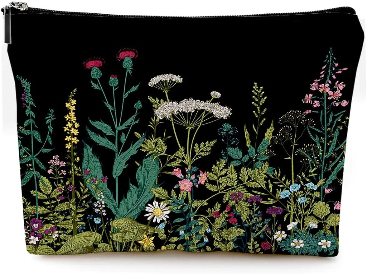 Small Makeup Bag for Purse Cute Canvas Waterproof Cosmetic Bags for Women Zipper Travel Toiletry Pouch-Wildflowers Makeup Bags