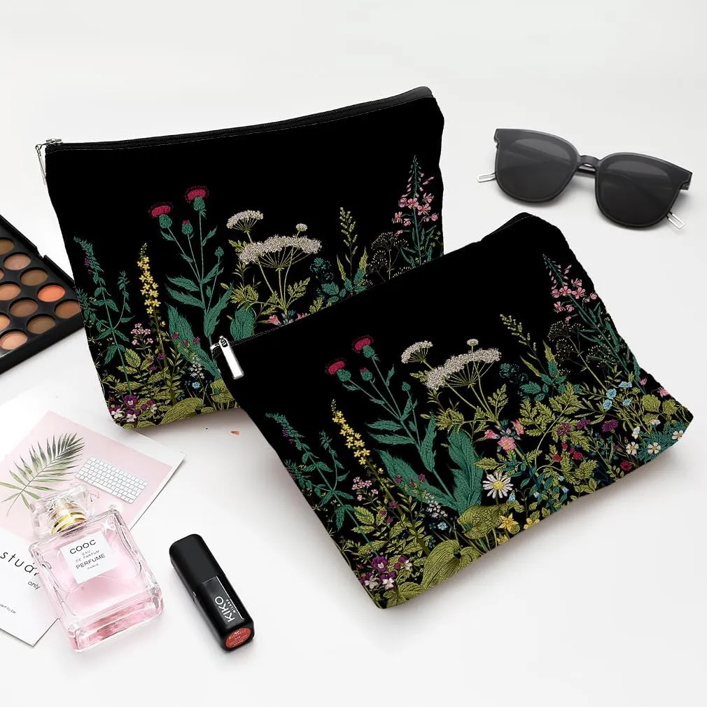 Small Makeup Bag for Purse Cute Canvas Waterproof Cosmetic Bags for Women Zipper Travel Toiletry Pouch-Wildflowers Makeup Bags