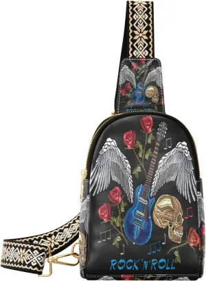 Small Sling Bag for Women Crossbody Embroidery Floral Guitar Wings Fashion Leather Crossbody Bag for Women Rock N Roll Trendy Crossbody Purse Fanny Pack with Adjustable Guitar Strap Outfit