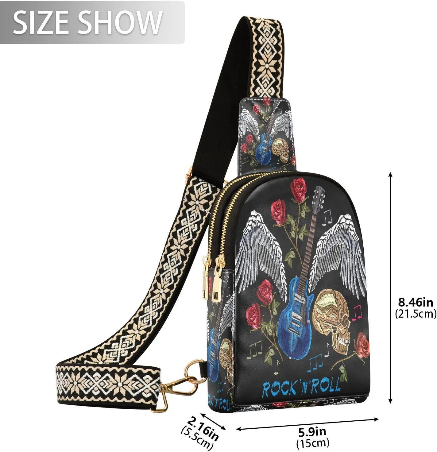 Small Sling Bag for Women Crossbody Embroidery Floral Guitar Wings Fashion Leather Crossbody Bag for Women Rock N Roll Trendy Crossbody Purse Fanny Pack with Adjustable Guitar Strap Outfit