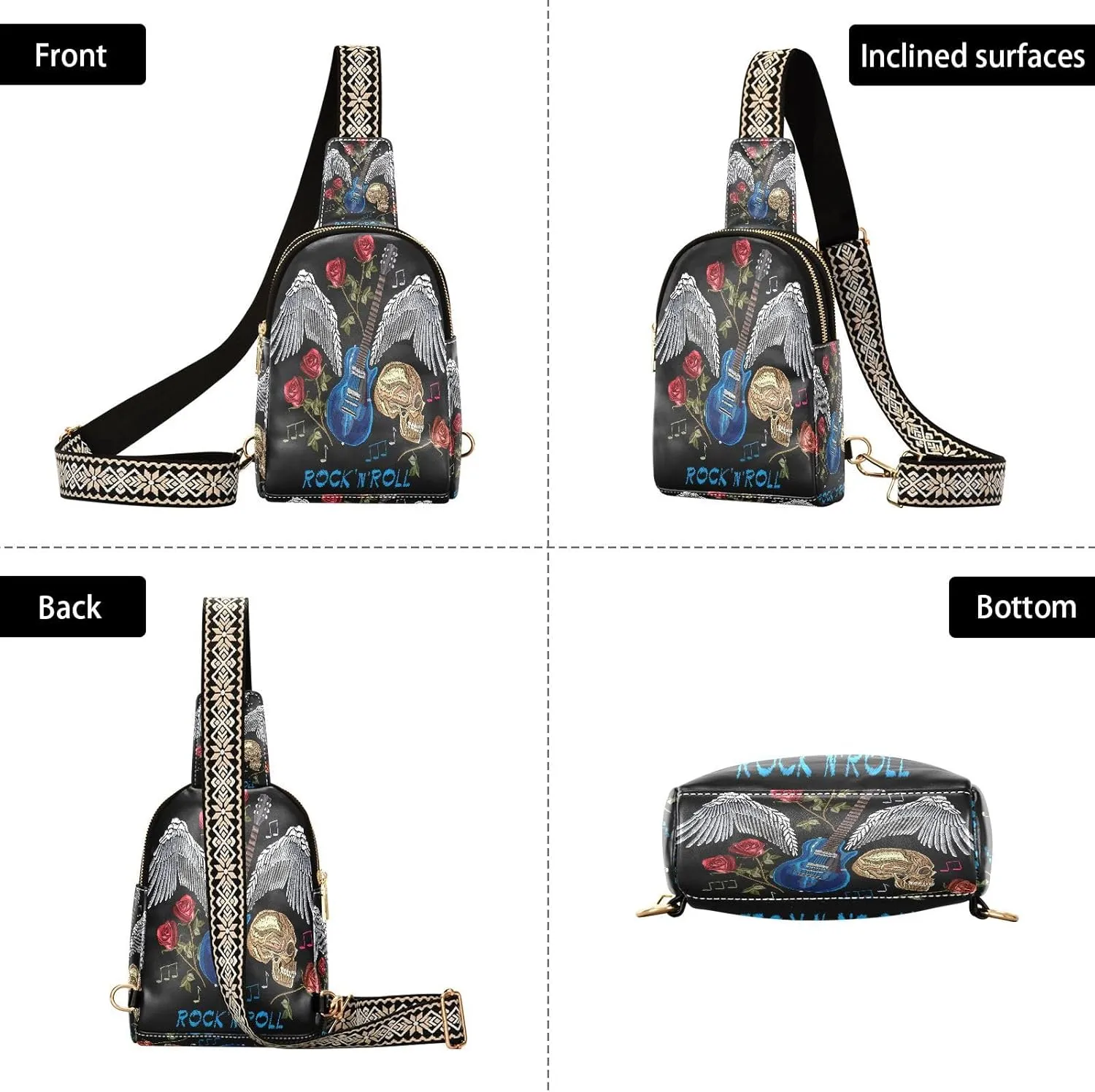 Small Sling Bag for Women Crossbody Embroidery Floral Guitar Wings Fashion Leather Crossbody Bag for Women Rock N Roll Trendy Crossbody Purse Fanny Pack with Adjustable Guitar Strap Outfit
