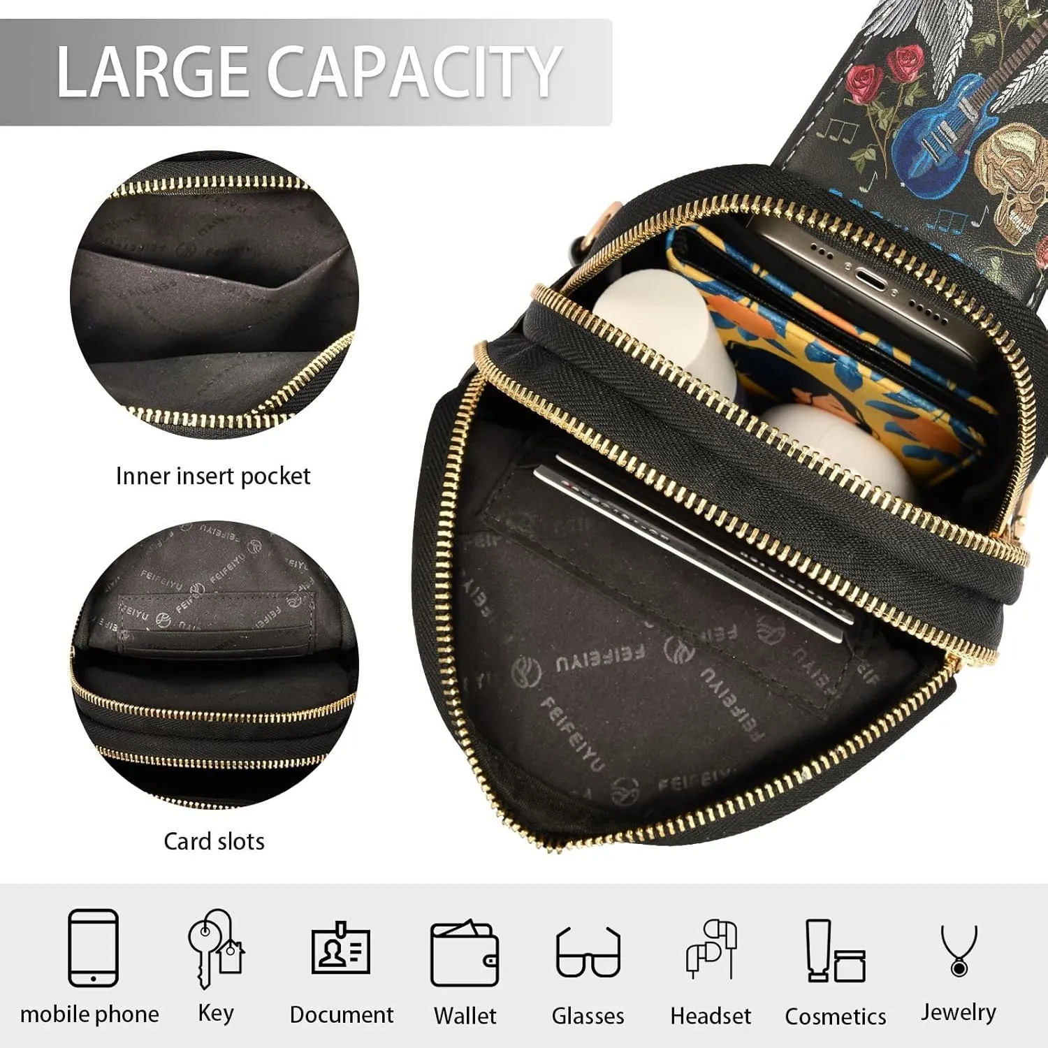 Small Sling Bag for Women Crossbody Embroidery Floral Guitar Wings Fashion Leather Crossbody Bag for Women Rock N Roll Trendy Crossbody Purse Fanny Pack with Adjustable Guitar Strap Outfit