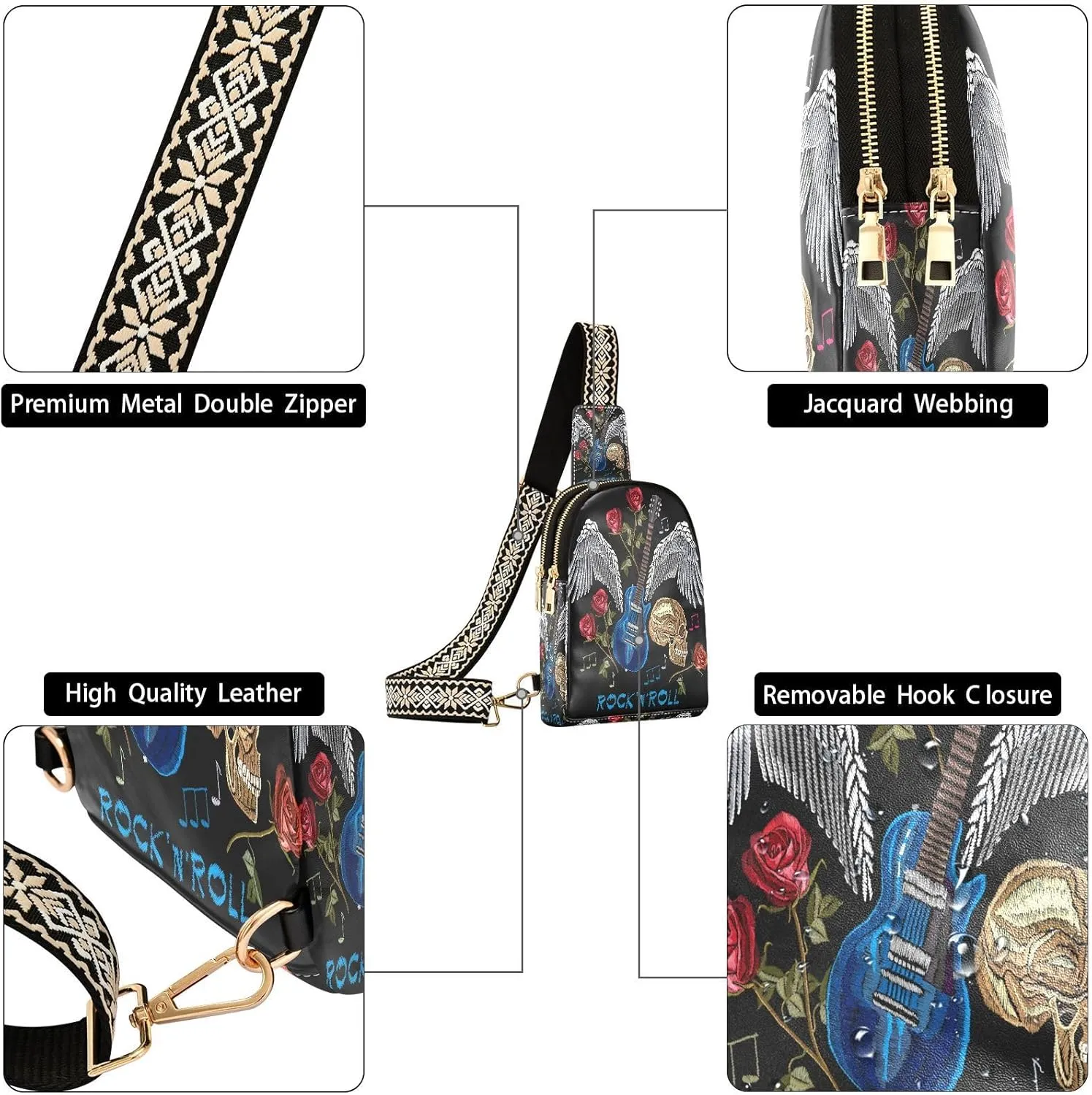 Small Sling Bag for Women Crossbody Embroidery Floral Guitar Wings Fashion Leather Crossbody Bag for Women Rock N Roll Trendy Crossbody Purse Fanny Pack with Adjustable Guitar Strap Outfit