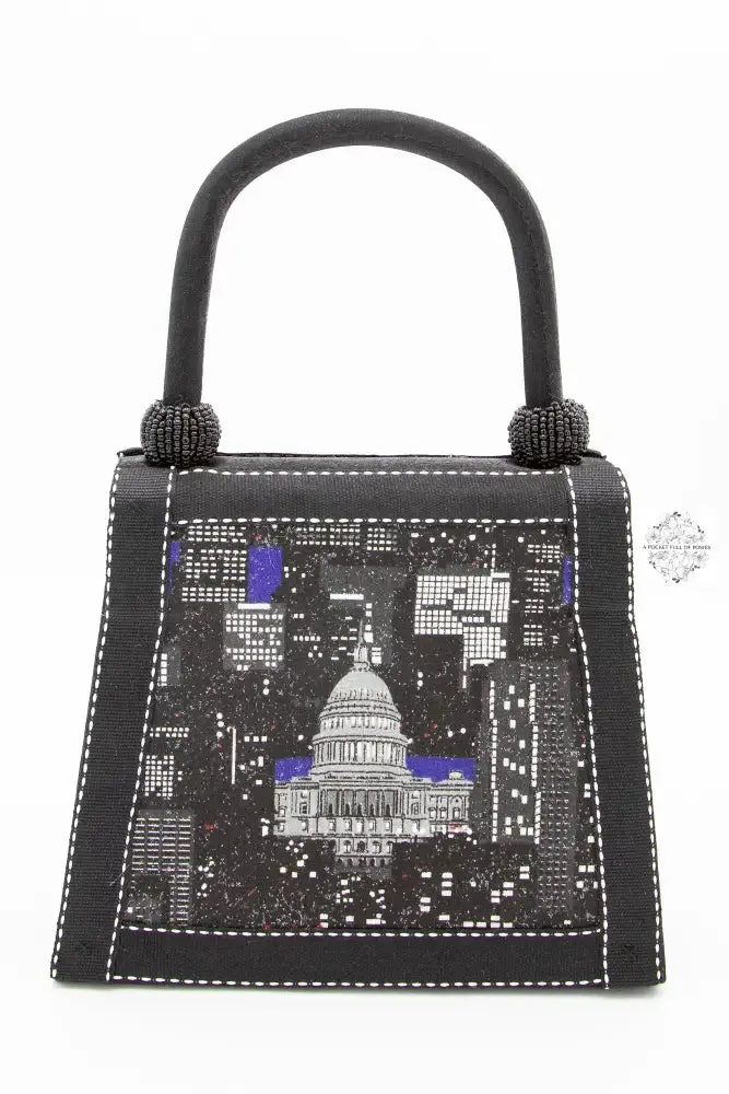 SOLD OUT-Hello DC & New York Handbag, Black Silk Purse with Sparkle, wear the DC Capitol and Statue of Liberty on your wrist