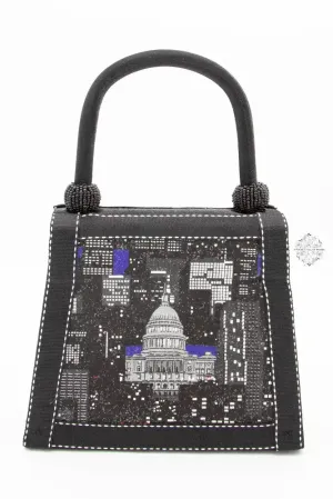 SOLD OUT-Hello DC & New York Handbag, Black Silk Purse with Sparkle, wear the DC Capitol and Statue of Liberty on your wrist
