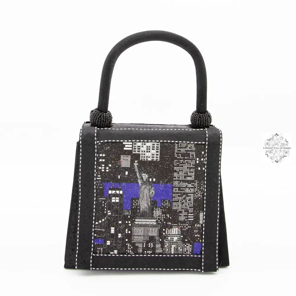 SOLD OUT-Hello DC & New York Handbag, Black Silk Purse with Sparkle, wear the DC Capitol and Statue of Liberty on your wrist