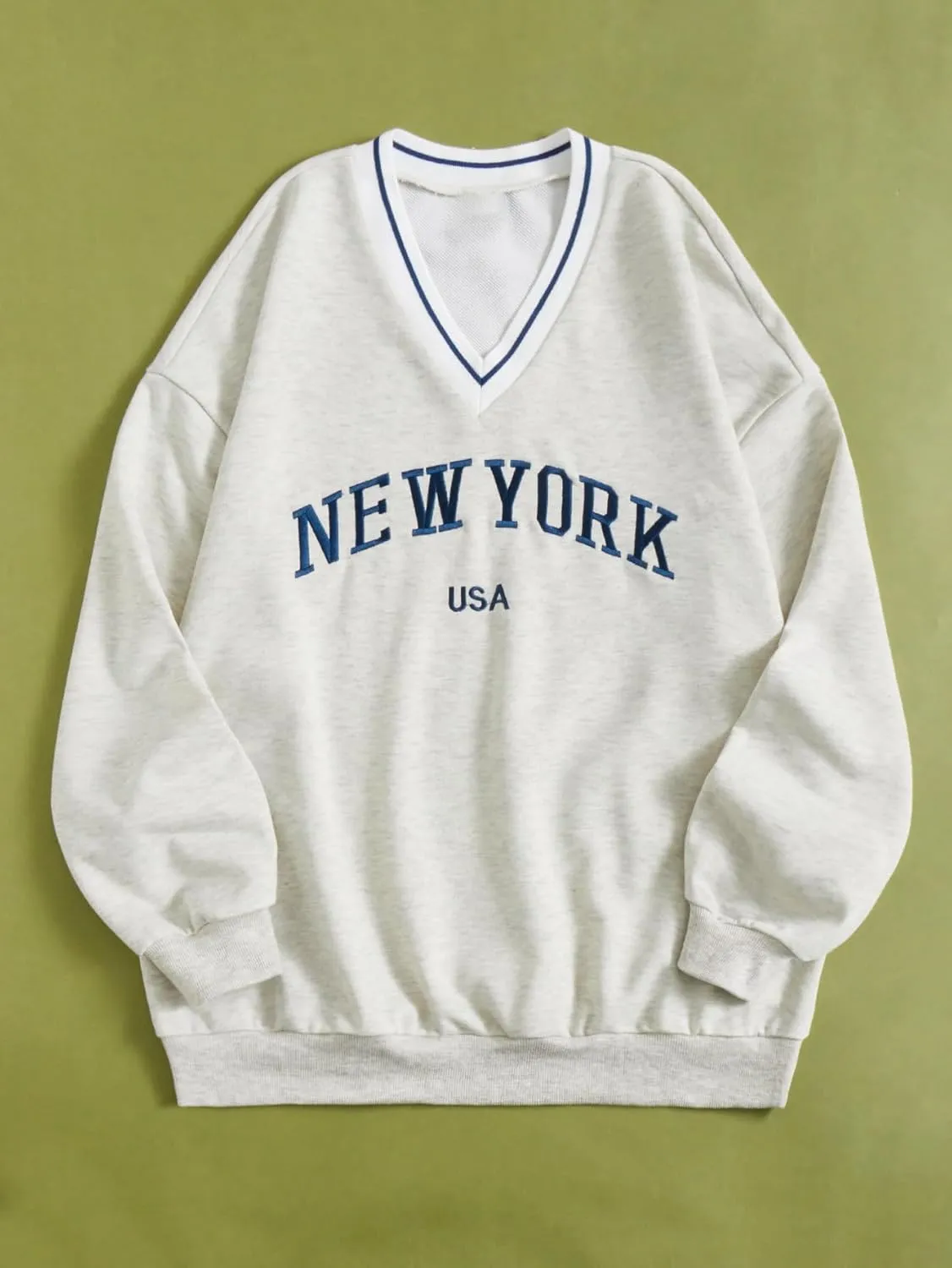SOLY HUX Women's New York Letter Graphic Sweatshirt V Neck Long Sleeve Casual Pullover Top