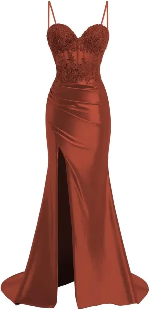 Spaghetti Strap Sweetheart Satin Prom Dresses with Split Lace Appliques Pleated Mermaid Long Evening Gown TM13