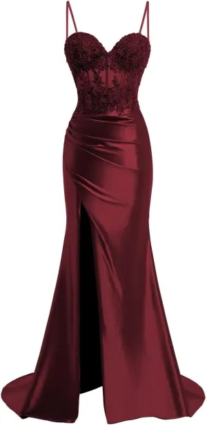 Spaghetti Strap Sweetheart Satin Prom Dresses with Split Lace Appliques Pleated Mermaid Long Evening Gown TM13