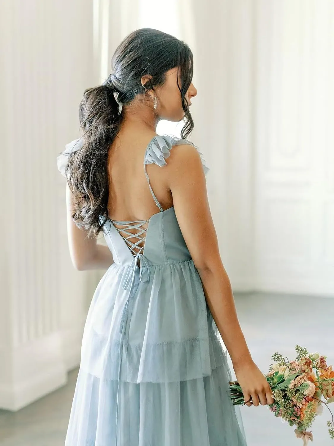Spaghetti Straps Bridesmaid Dresses Long with Slit A-Line Tulle Ruffles Tiered Skirt Corset Formal Gown