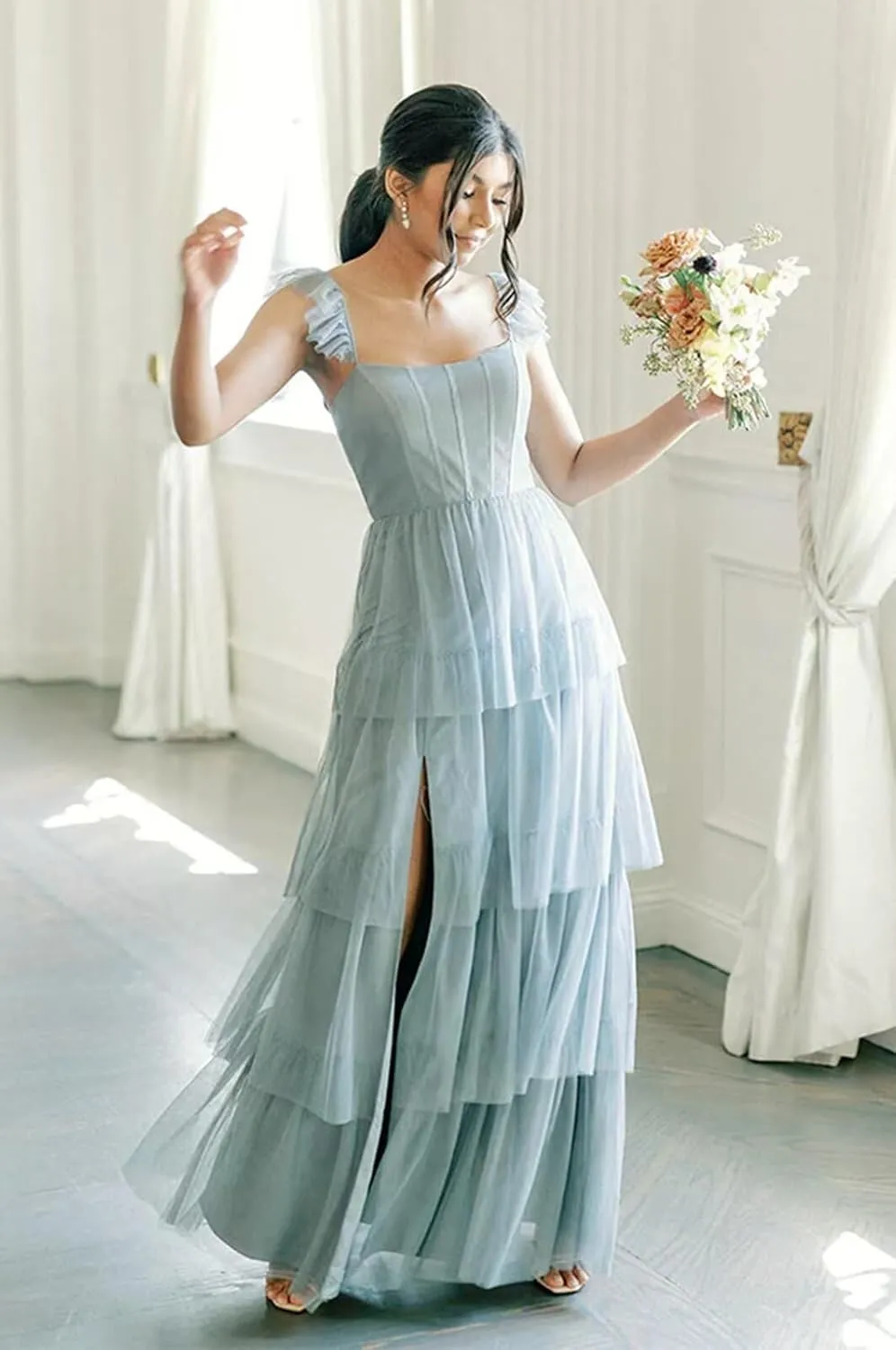 Spaghetti Straps Bridesmaid Dresses Long with Slit A-Line Tulle Ruffles Tiered Skirt Corset Formal Gown