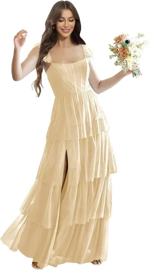 Spaghetti Straps Bridesmaid Dresses Long with Slit A-Line Tulle Ruffles Tiered Skirt Corset Formal Gown