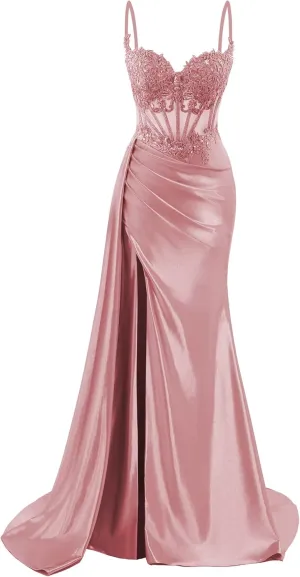 Spaghetti Straps Satin Prom Dresses Long Lace Appliques Formal Party Dress VS126