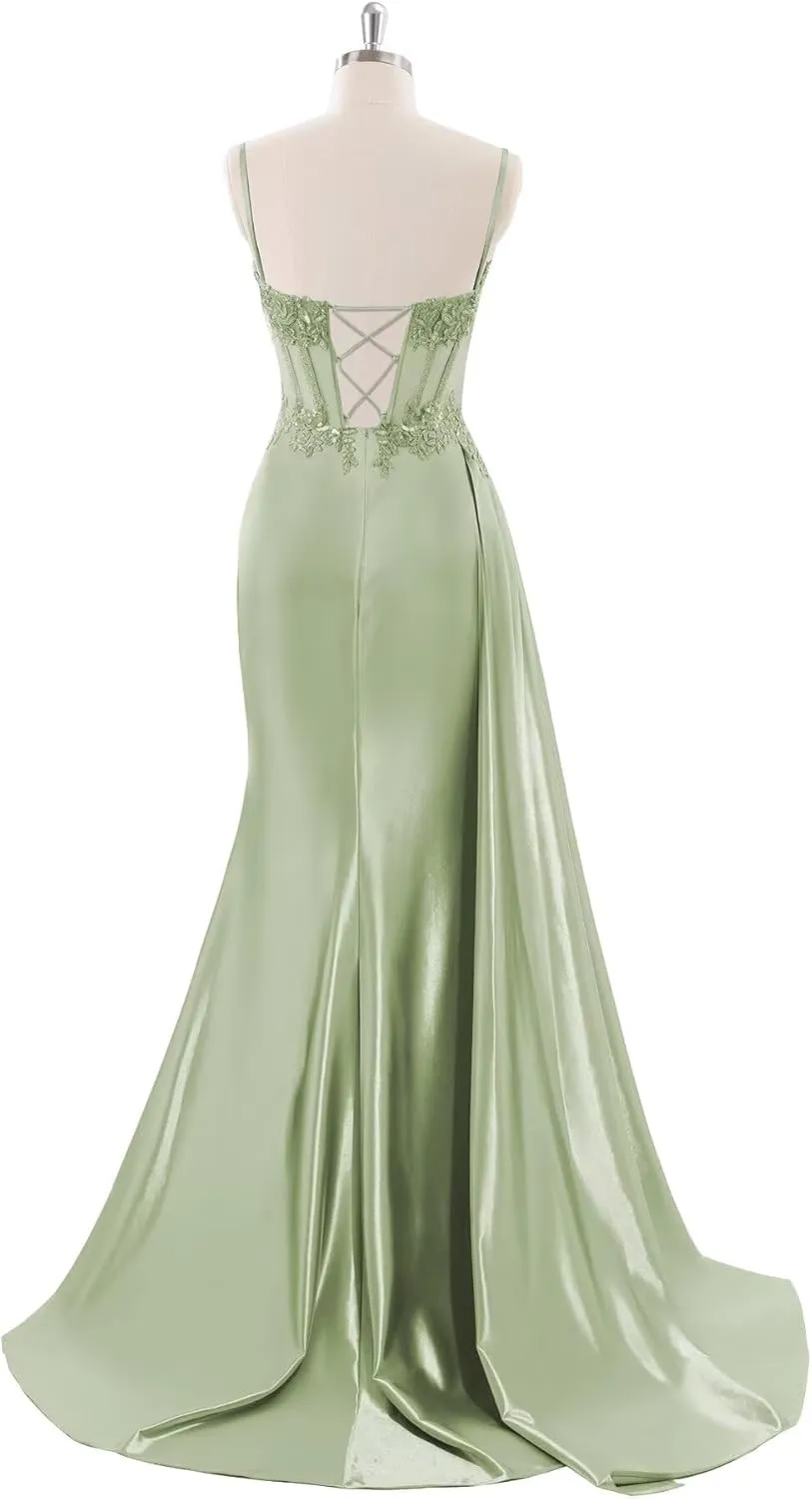 Spaghetti Straps Satin Prom Dresses Long Lace Appliques Formal Party Dress VS126