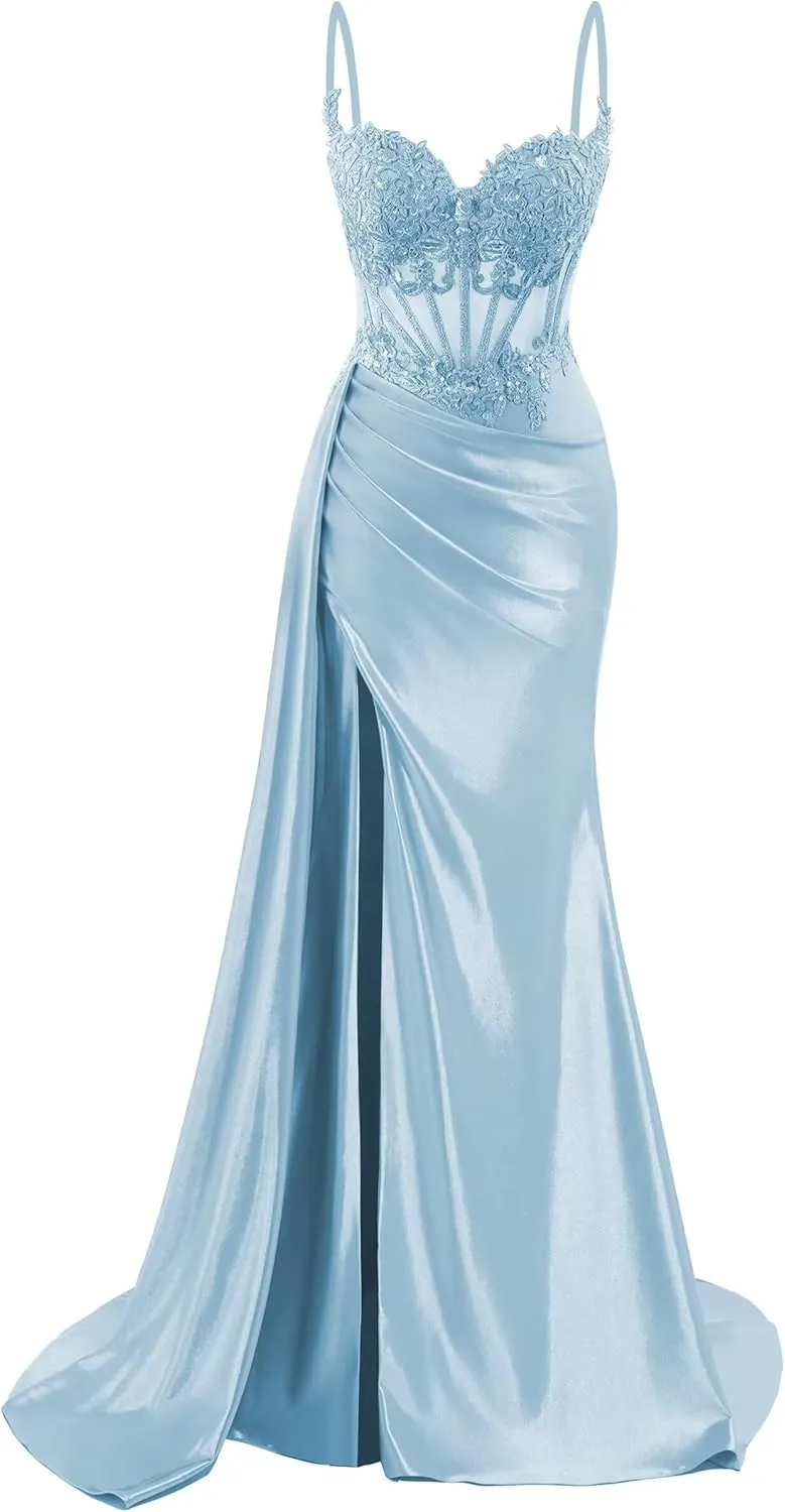 Spaghetti Straps Satin Prom Dresses Long Lace Appliques Formal Party Dress VS126