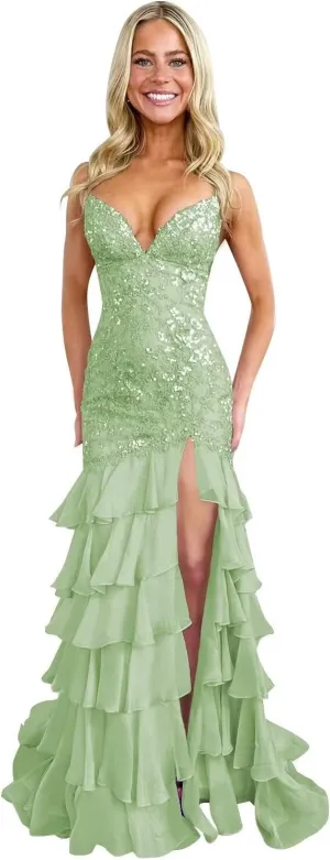 Spaghetti Straps Tiered Prom Dresses with Slit Mermaid Lace Backless Formal Cocktail Dresses for Women