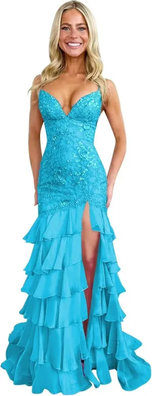 Spaghetti Straps Tiered Prom Dresses with Slit Mermaid Lace Backless Formal Cocktail Dresses for Women