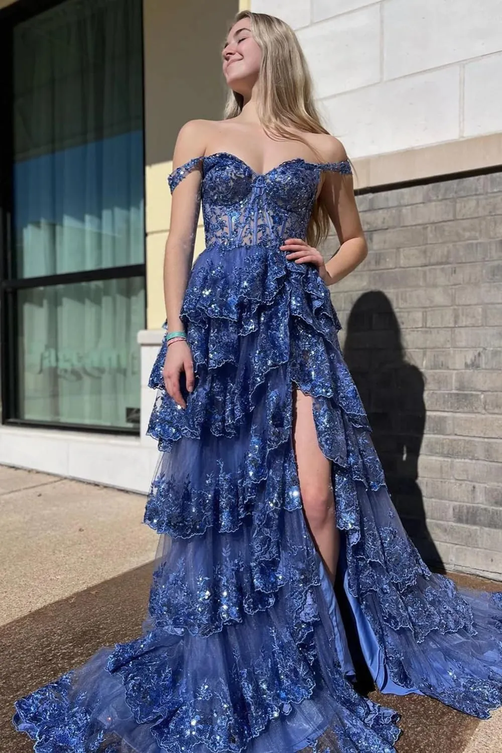 Sparkly Lace Tulle Tiered Prom Dresses 2025 Long Slit Spaghetti Straps Formal Corset Evening Party Gowns