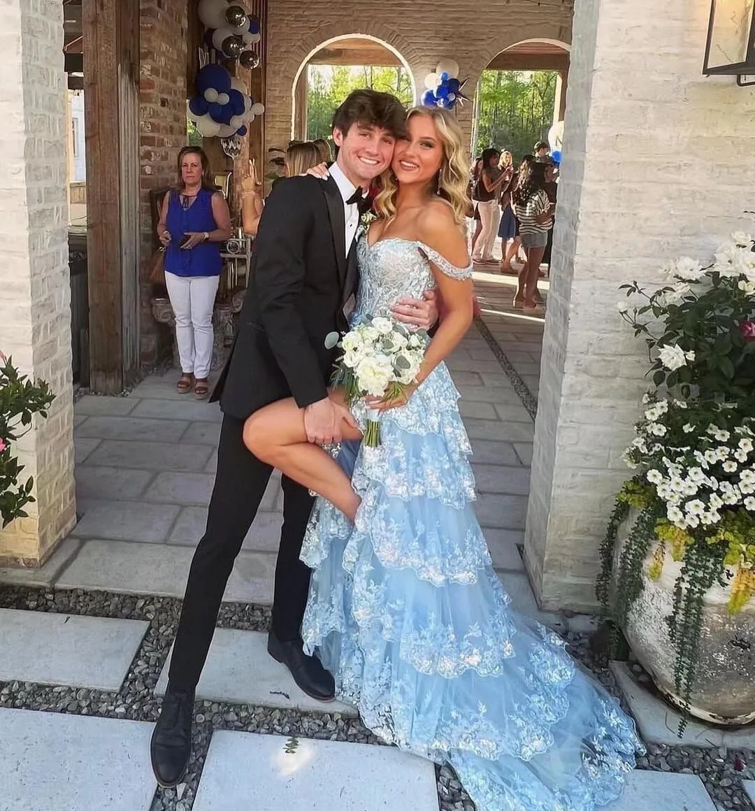 Sparkly Lace Tulle Tiered Prom Dresses 2025 Long Slit Spaghetti Straps Formal Corset Evening Party Gowns