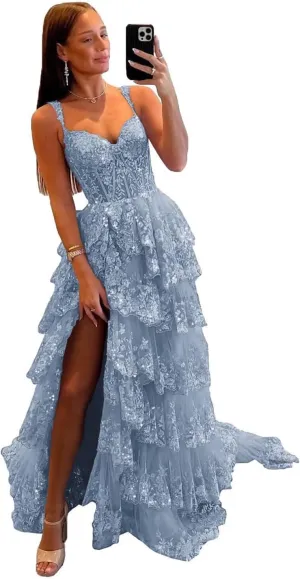 Sparkly Lace Tulle Tiered Prom Dresses 2025 Long Slit Spaghetti Straps Formal Corset Evening Party Gowns