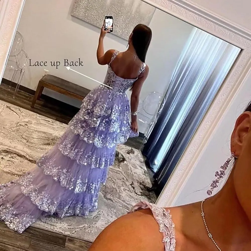 Sparkly Lace Tulle Tiered Prom Dresses 2025 Long Slit Spaghetti Straps Formal Corset Evening Party Gowns