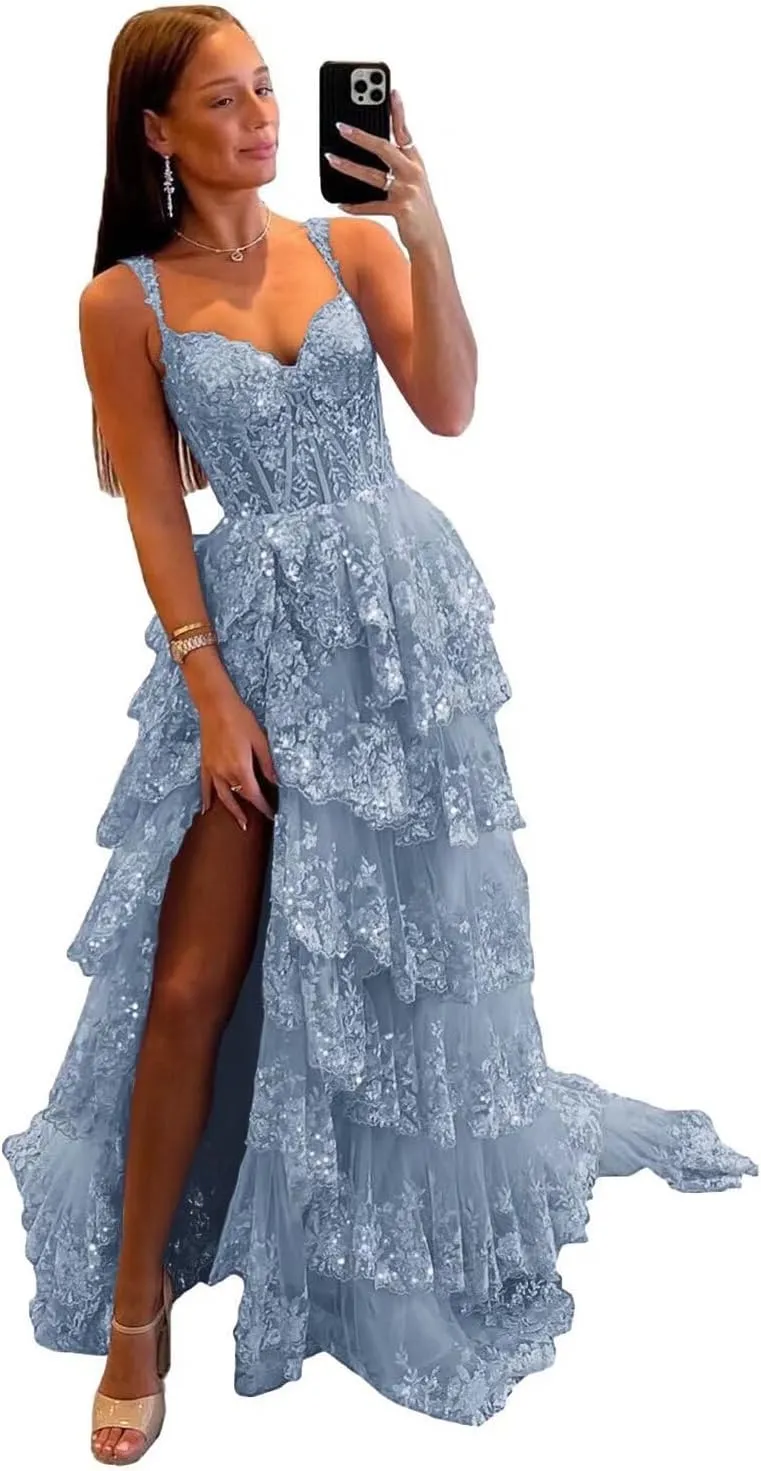 Sparkly Lace Tulle Tiered Prom Dresses 2025 Long Slit Spaghetti Straps Formal Corset Evening Party Gowns