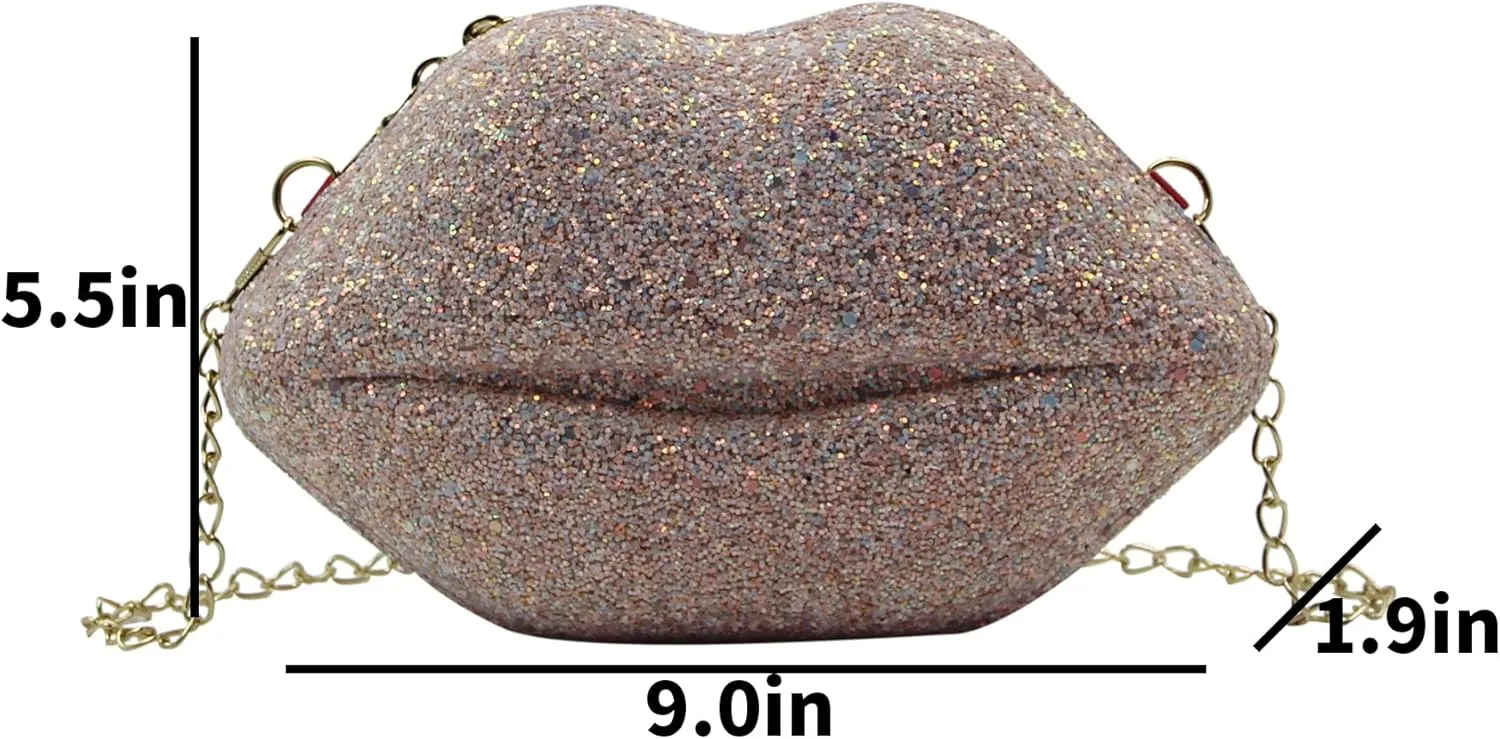 Sparkly Lip Purse for Women Glitter Evening Clutch Women Banquet Crossbody Shoulder Handbag Cellphone Pouch