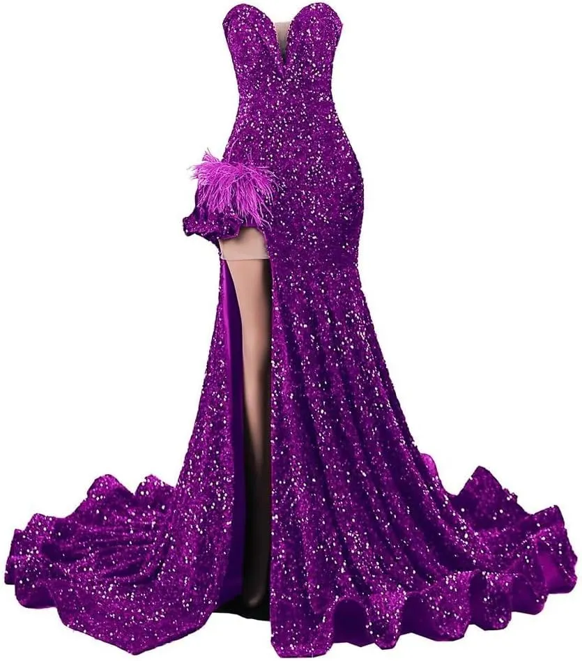 Sparkly Mermaid Sequin Dress Sexy High Split Prom Gowns Velvet Sweet Long Ball Dress Pageant Celebrity Evening Party
